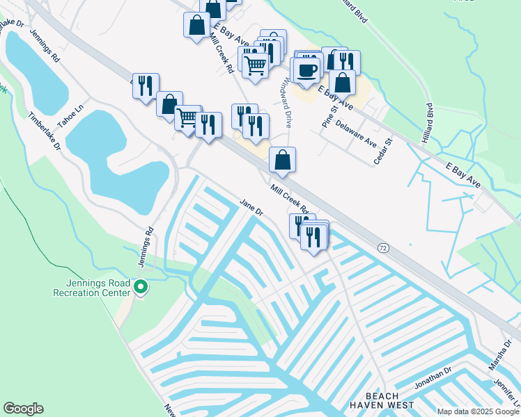 map of restaurants, bars, coffee shops, grocery stores, and more near 812 Jane Drive in Manahawkin