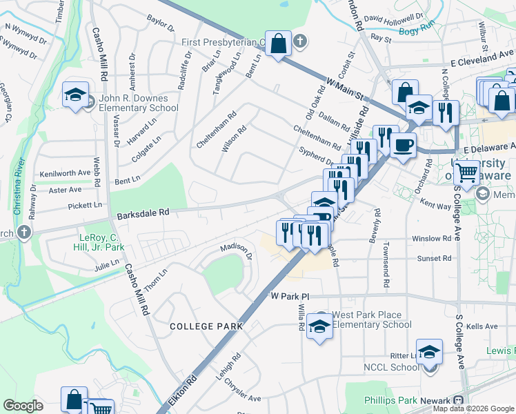 map of restaurants, bars, coffee shops, grocery stores, and more near 113 Barksdale Professional Center in Newark