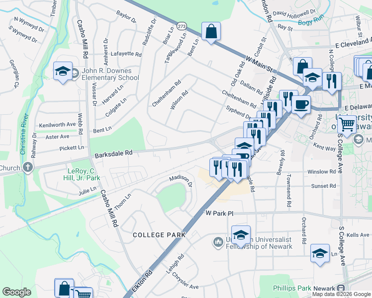 map of restaurants, bars, coffee shops, grocery stores, and more near 800 Barksdale Road in Newark