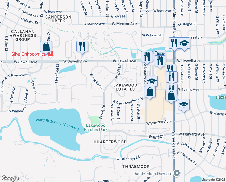map of restaurants, bars, coffee shops, grocery stores, and more near 2055 South Gray Drive in Lakewood