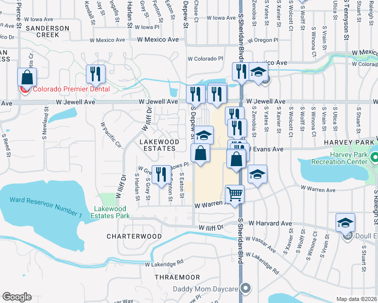 map of restaurants, bars, coffee shops, grocery stores, and more near 2101 South Depew Street in Denver