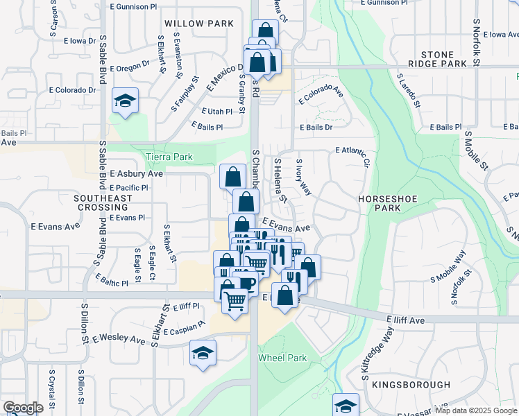 map of restaurants, bars, coffee shops, grocery stores, and more near 2009D South Hannibal Street in Aurora