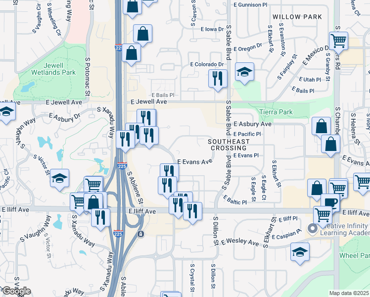 map of restaurants, bars, coffee shops, grocery stores, and more near 14101 East Evans Avenue in Aurora