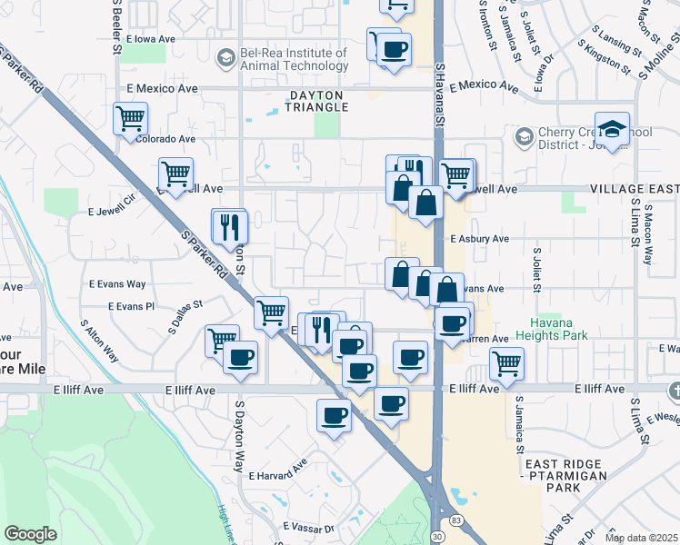 map of restaurants, bars, coffee shops, grocery stores, and more near South Florence Way in Aurora