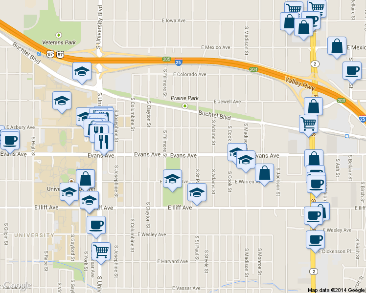 map of restaurants, bars, coffee shops, grocery stores, and more near 2039 South Milwaukee Street in Denver