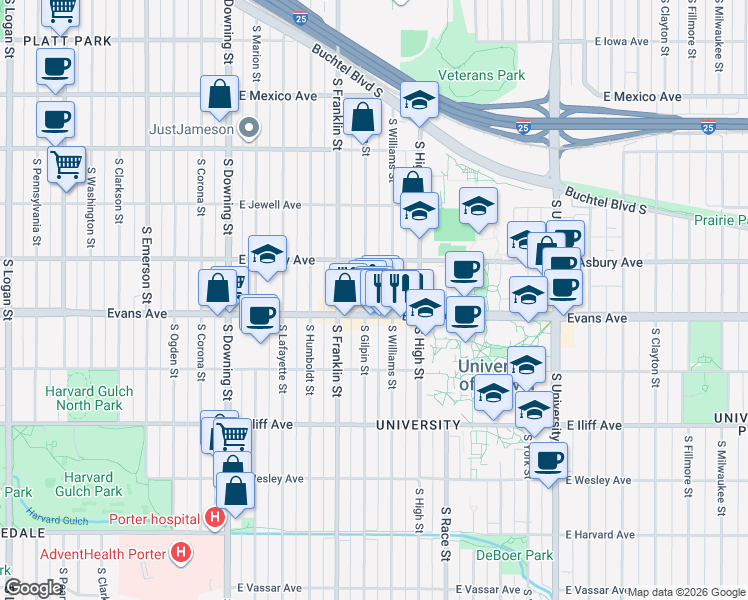 map of restaurants, bars, coffee shops, grocery stores, and more near 2042 South Gilpin Street in Denver