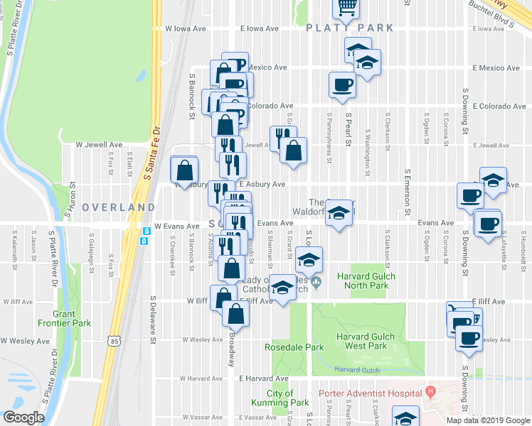 map of restaurants, bars, coffee shops, grocery stores, and more near 2042 South Sherman Street in Denver