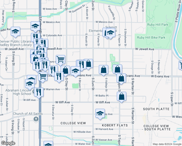 map of restaurants, bars, coffee shops, grocery stores, and more near 2465 West Evans Avenue in Denver