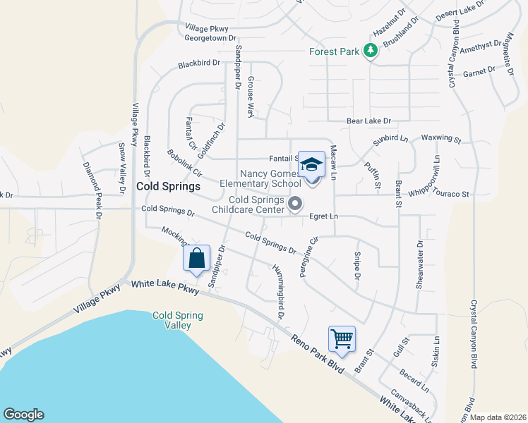 map of restaurants, bars, coffee shops, grocery stores, and more near 17570 Thrush Lane in Reno