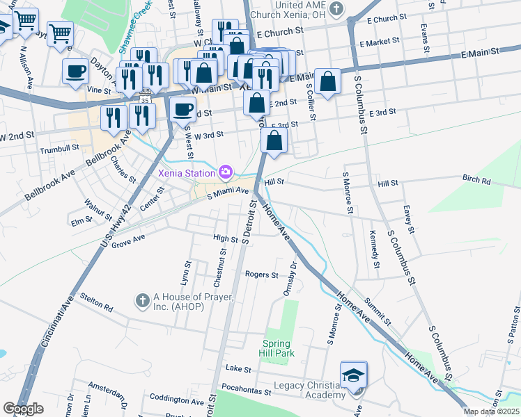 map of restaurants, bars, coffee shops, grocery stores, and more near 18 Home Avenue in Xenia