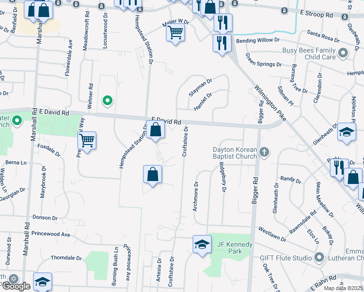 map of restaurants, bars, coffee shops, grocery stores, and more near 4527 Croftshire Drive in Kettering