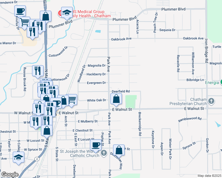 map of restaurants, bars, coffee shops, grocery stores, and more near 555 North Park Avenue in Chatham