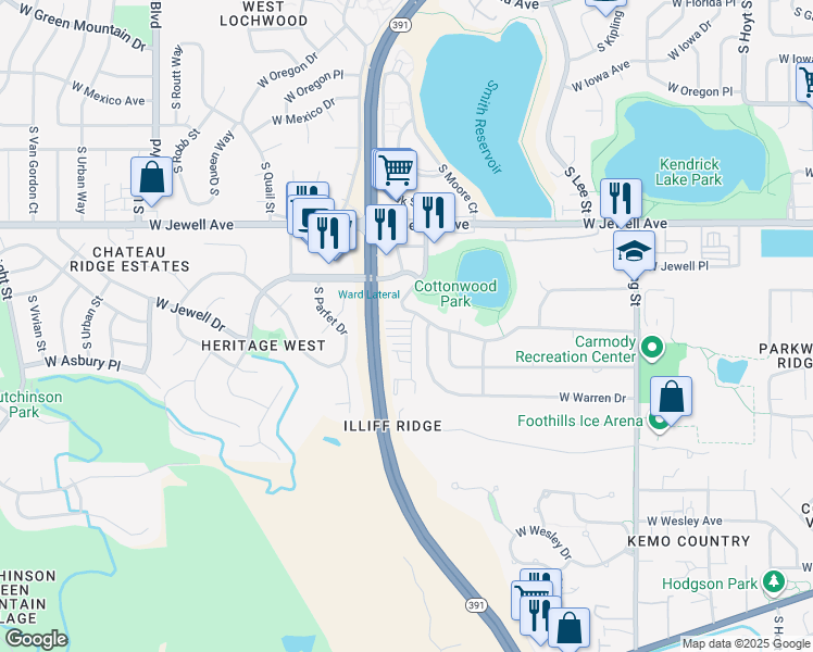 map of restaurants, bars, coffee shops, grocery stores, and more near 10755 West Evans Avenue in Lakewood