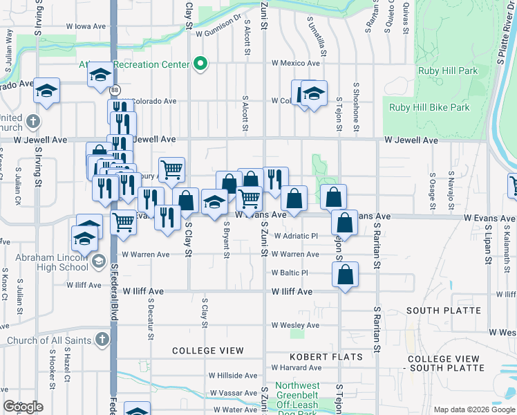 map of restaurants, bars, coffee shops, grocery stores, and more near 2465 West Evans Avenue in Denver