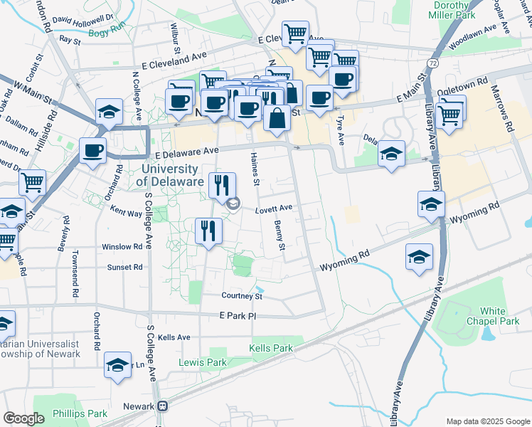 map of restaurants, bars, coffee shops, grocery stores, and more near 175 Haines Street in Newark
