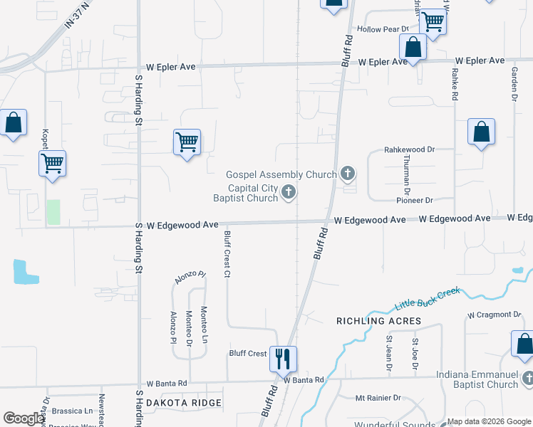 map of restaurants, bars, coffee shops, grocery stores, and more near 1018 West Edgewood Avenue in Indianapolis