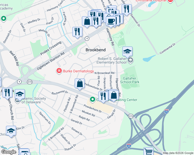 map of restaurants, bars, coffee shops, grocery stores, and more near 301 North Brownleaf Road in Newark