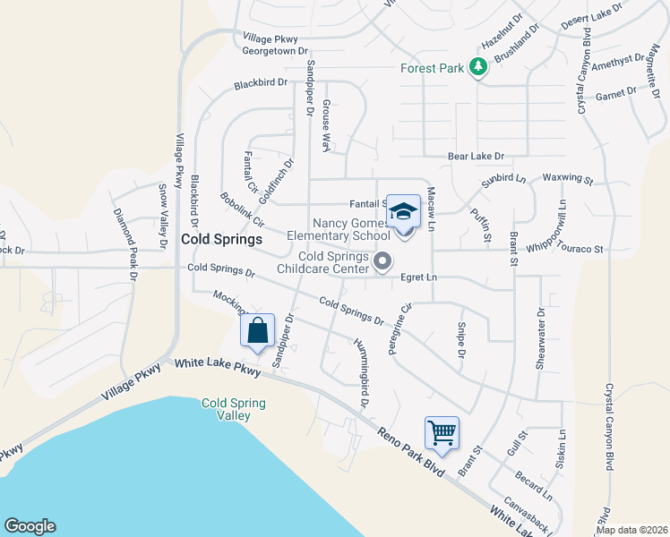 map of restaurants, bars, coffee shops, grocery stores, and more near 17570 Thrush Lane in Reno