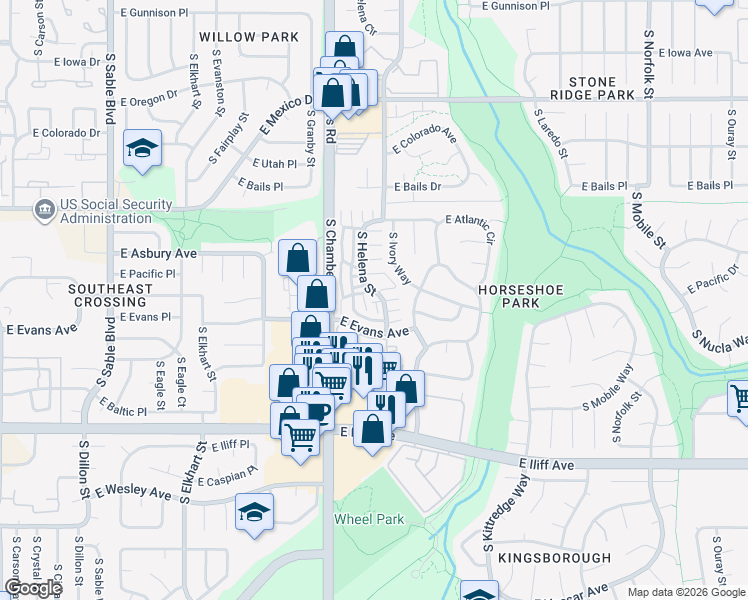 map of restaurants, bars, coffee shops, grocery stores, and more near 2004 South Helena Street in Aurora