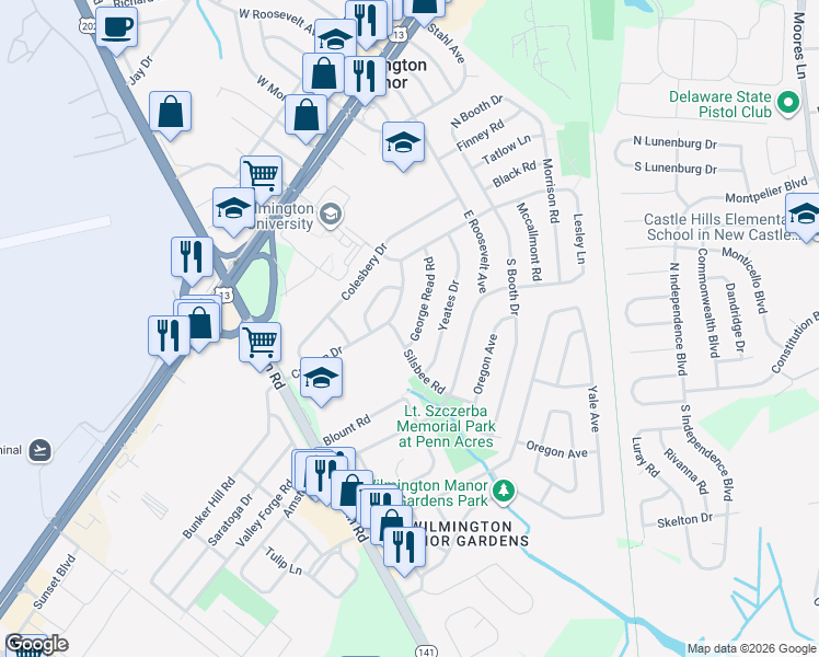 map of restaurants, bars, coffee shops, grocery stores, and more near 17 Crippen Drive in Wilmington Manor