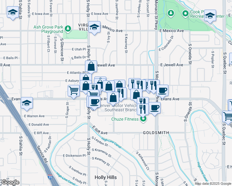 map of restaurants, bars, coffee shops, grocery stores, and more near 5925 East Evans Avenue in Denver