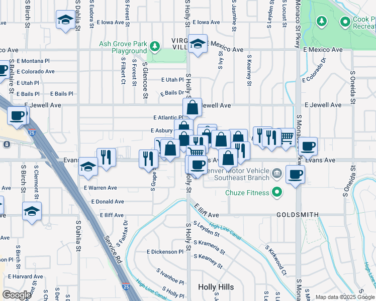 map of restaurants, bars, coffee shops, grocery stores, and more near 2080 South Holly Street in Denver