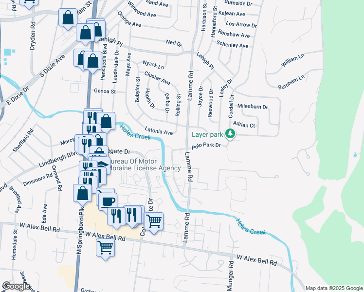map of restaurants, bars, coffee shops, grocery stores, and more near 4999 Lamme Road in Moraine