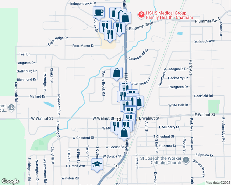 map of restaurants, bars, coffee shops, grocery stores, and more near 21 Cottonwood Dr in Chatham