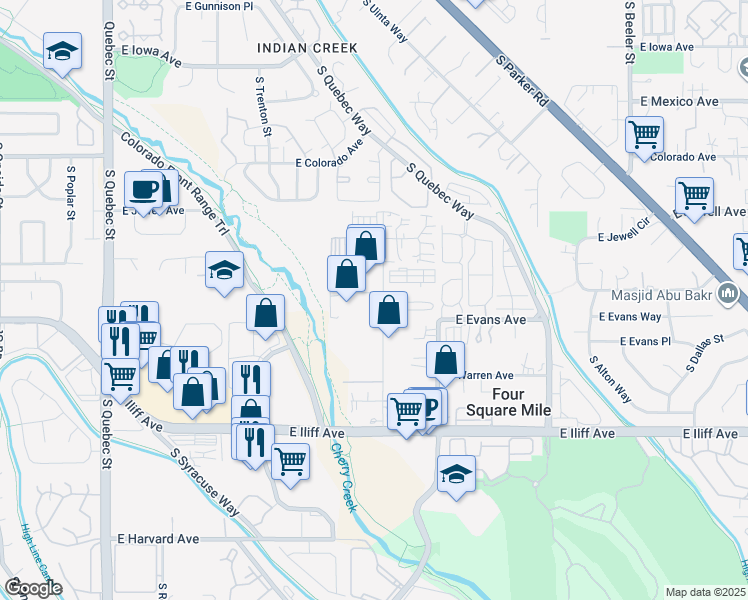 map of restaurants, bars, coffee shops, grocery stores, and more near 8200 East Pacific Place in Denver