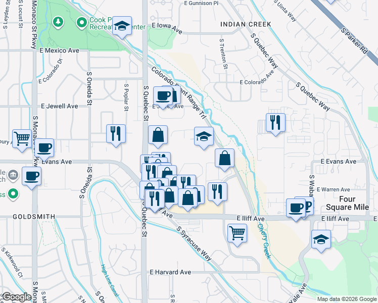 map of restaurants, bars, coffee shops, grocery stores, and more near 7808 Cherry Creek South Drive in Denver