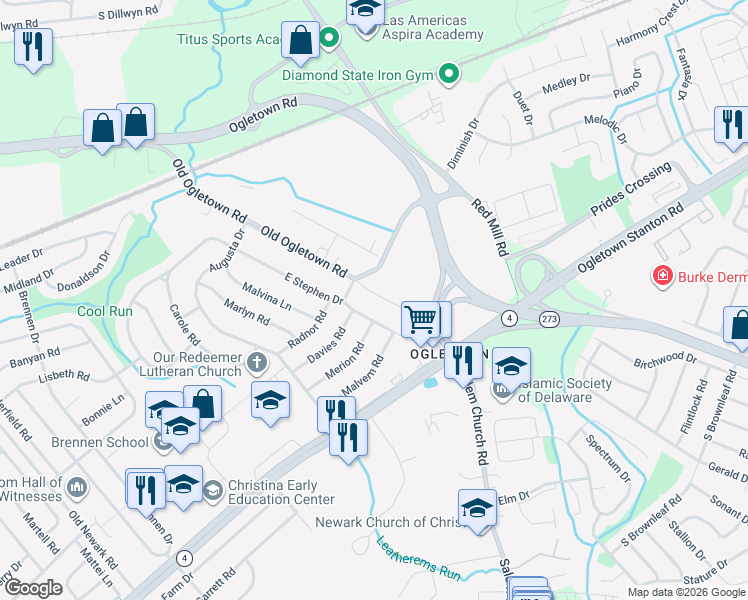 map of restaurants, bars, coffee shops, grocery stores, and more near 3005 Old Ogletown Road in Newark
