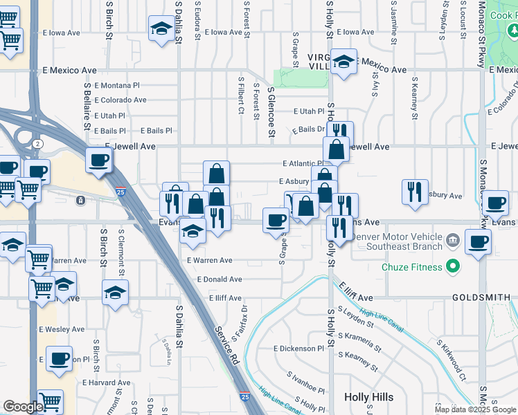 map of restaurants, bars, coffee shops, grocery stores, and more near 5101 East Evans Avenue in Denver