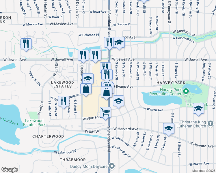 map of restaurants, bars, coffee shops, grocery stores, and more near West Evans Avenue in Denver