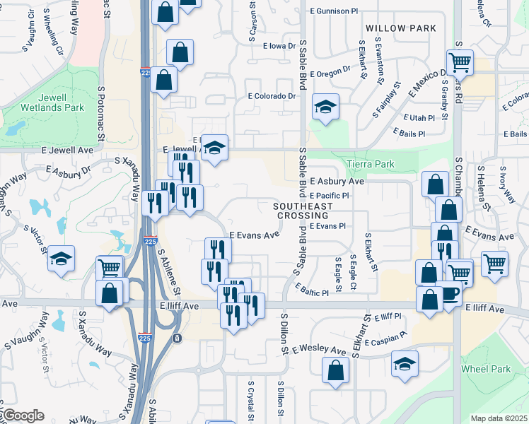 map of restaurants, bars, coffee shops, grocery stores, and more near 14221 East Evans Avenue in Aurora