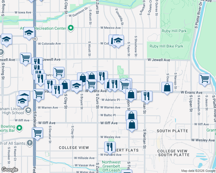 map of restaurants, bars, coffee shops, grocery stores, and more near 2211 West Evans Avenue in Denver
