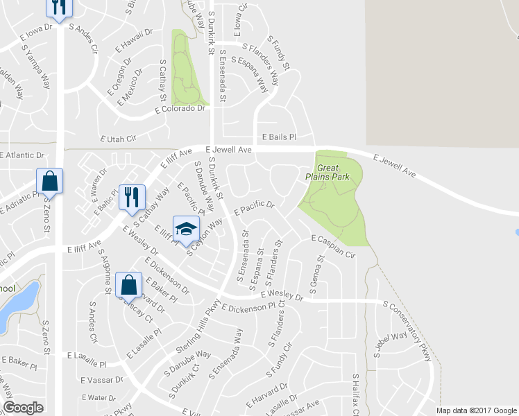 map of restaurants, bars, coffee shops, grocery stores, and more near 19460 East Pacific Drive in Aurora