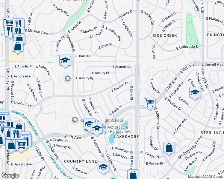 map of restaurants, bars, coffee shops, grocery stores, and more near 18161 East Evans Avenue in Aurora