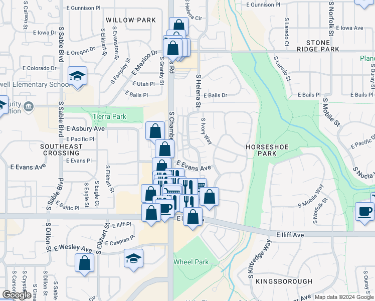 map of restaurants, bars, coffee shops, grocery stores, and more near 2004 South Helena Street in Aurora