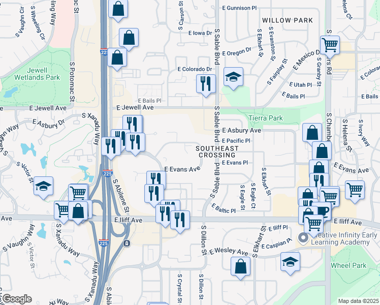 map of restaurants, bars, coffee shops, grocery stores, and more near 14201 E Evans Dr in Aurora