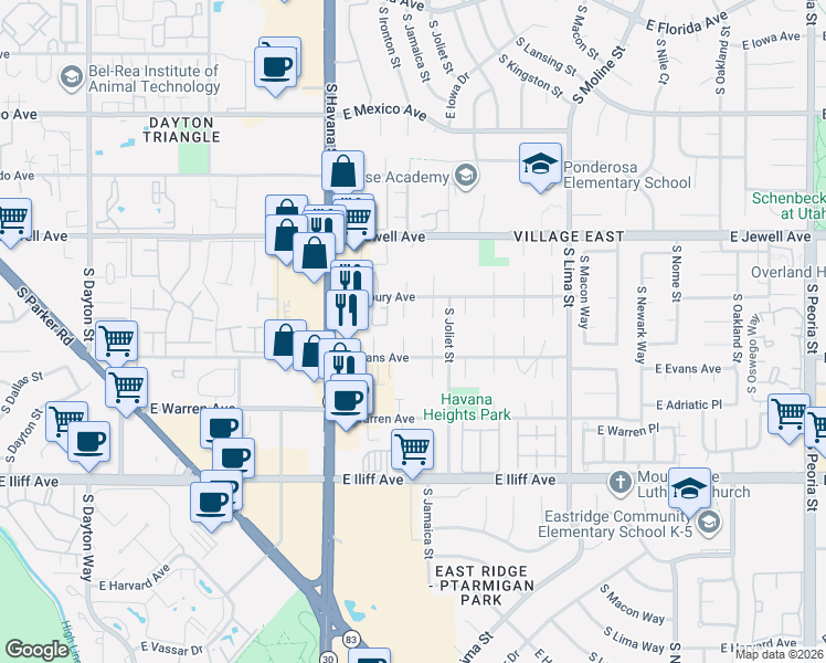 map of restaurants, bars, coffee shops, grocery stores, and more near 2049 South Jamaica Court in Aurora