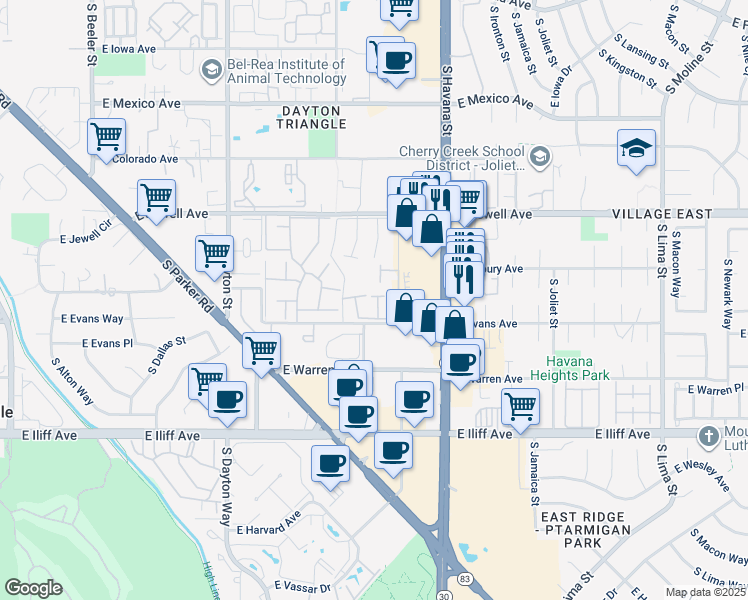 map of restaurants, bars, coffee shops, grocery stores, and more near 10265 East Evans Avenue in Denver