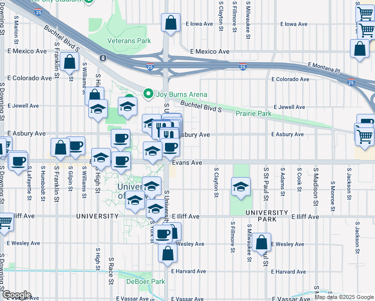 map of restaurants, bars, coffee shops, grocery stores, and more near 2050 South Josephine Street in Denver