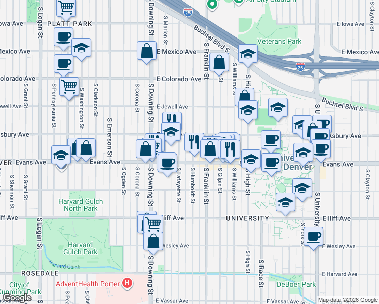 map of restaurants, bars, coffee shops, grocery stores, and more near 2053 South Humboldt Street in Denver
