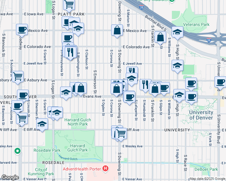 map of restaurants, bars, coffee shops, grocery stores, and more near 2040 South Corona Street in Denver