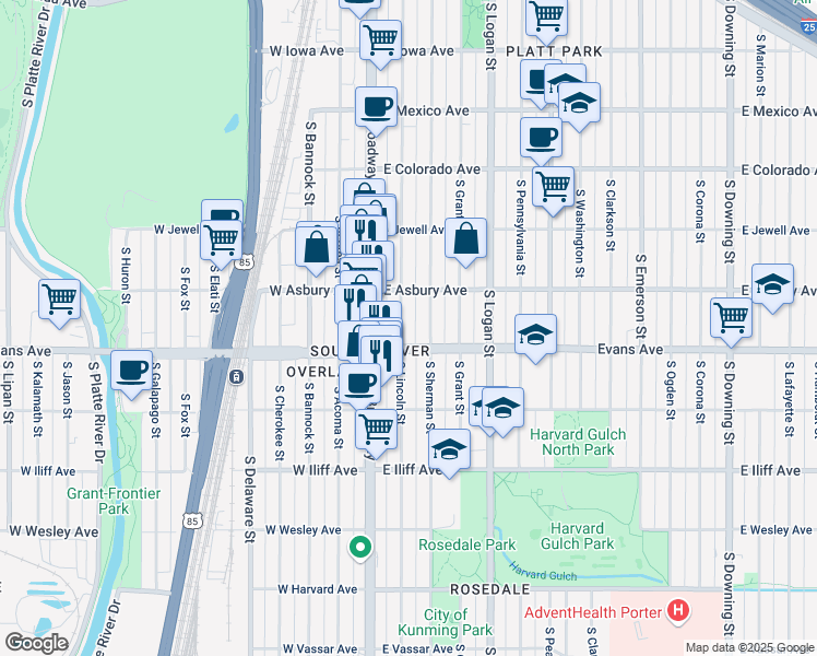 map of restaurants, bars, coffee shops, grocery stores, and more near 2057 South Lincoln Street in Denver