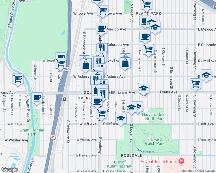 map of restaurants, bars, coffee shops, grocery stores, and more near 2057 South Lincoln Street in Denver