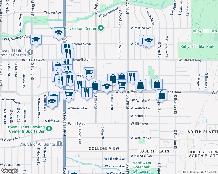map of restaurants, bars, coffee shops, grocery stores, and more near 2049 South Bryant Street in Denver
