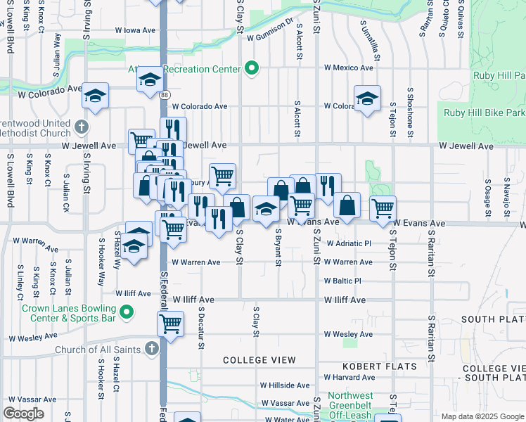 map of restaurants, bars, coffee shops, grocery stores, and more near 2022 South Clay Street in Denver