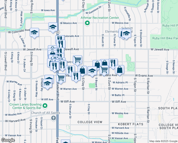 map of restaurants, bars, coffee shops, grocery stores, and more near 2022 South Clay Street in Denver