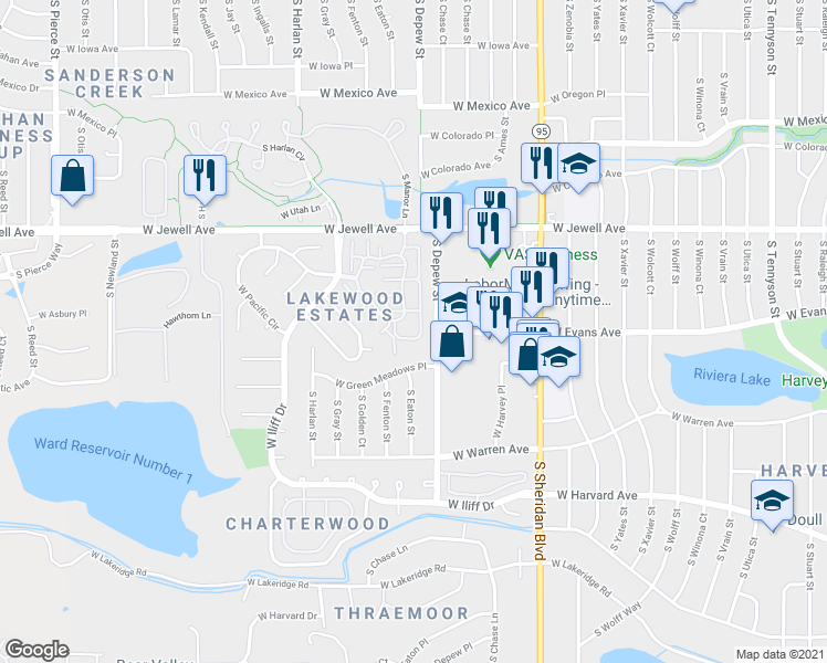 map of restaurants, bars, coffee shops, grocery stores, and more near 5735 West Asbury Place in Lakewood
